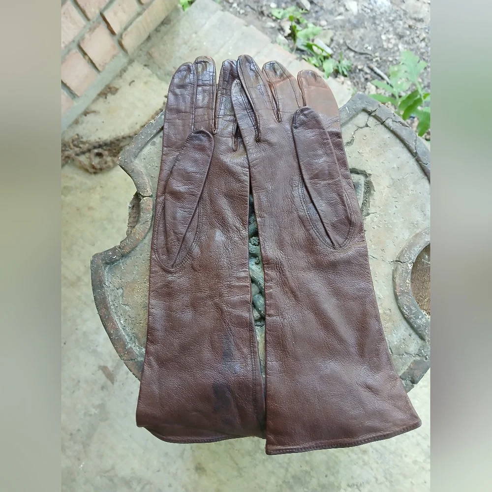 Almondized BEAUTYSKIN, brown leather‎ gloves. Women's Sz.7(S).Vintage
